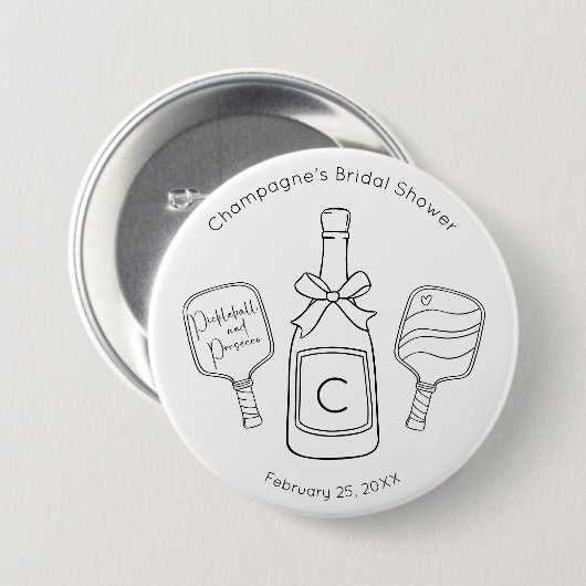 Moderne Script Pickleball & Prosecco Bruidsuitnodi Ronde Button 7,6 Cm (Voorkant /achterkant)