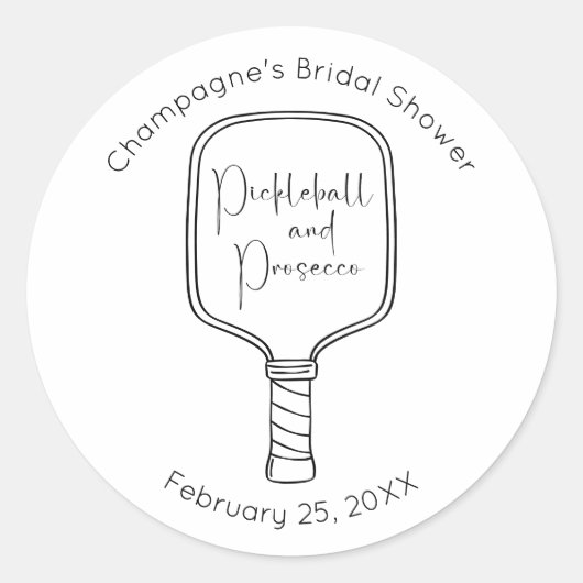 Moderne Script Pickleball & Prosecco Bruiloftsfees Ronde Sticker (Voorkant)