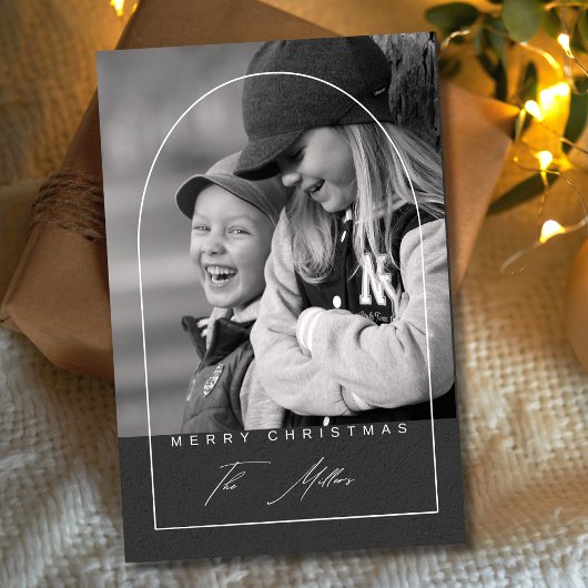 Moderne Script Prettig Kerstmis Boog Foto Vakantie Feestdagenkaart