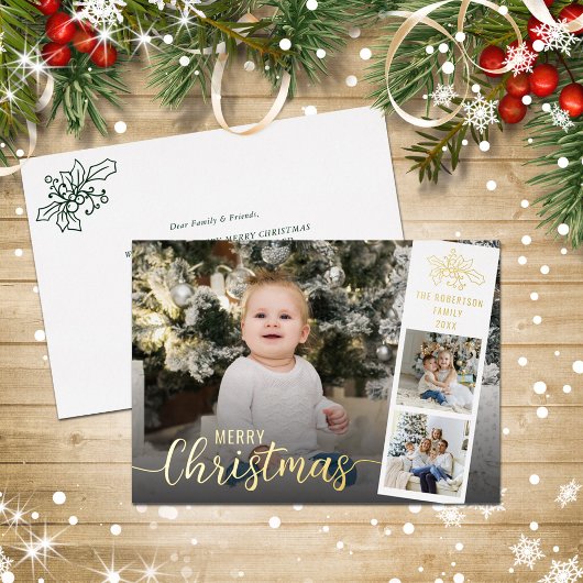 Moderne script, prettige kerstfoto Collage Gold Folie Feestdagenkaart