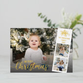 Moderne script, prettige kerstfoto Collage Gold Folie Feestdagenkaart (Staand Voorkant)