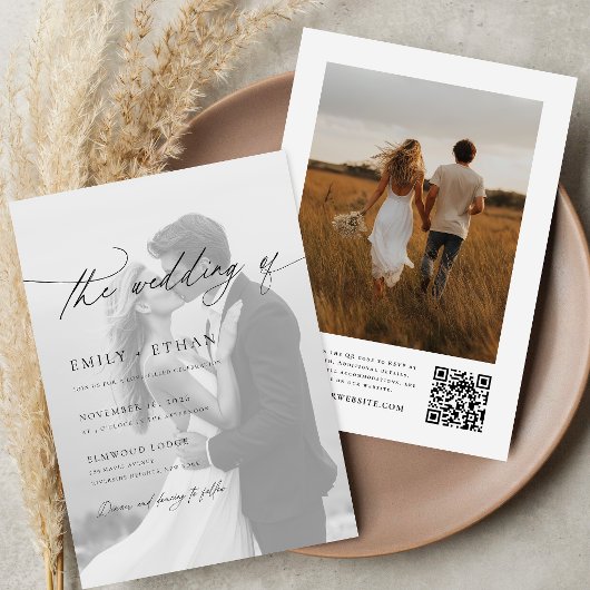 Moderne Script QR Code Foto Bruiloft Kaart