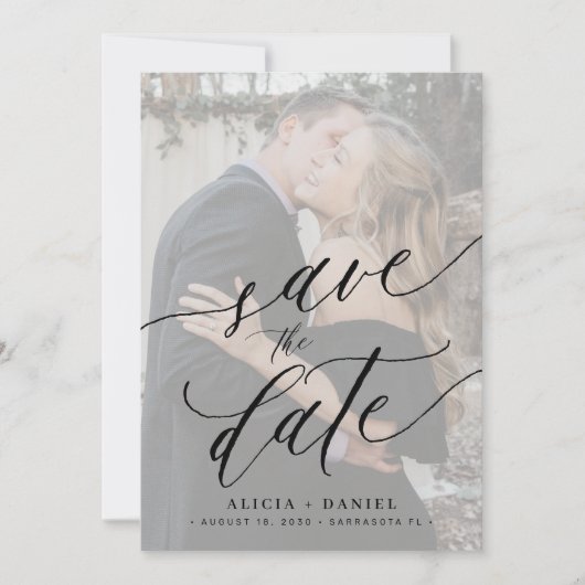 Moderne script qr-code foto bruiloft save the date (Voorkant)