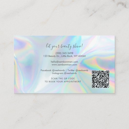 Moderne Script QR Code Holografische Schoonmakende Visitekaartje (Achterkant)