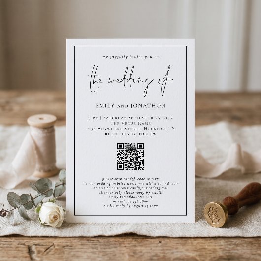 Moderne Script QR-code Lijnrand Bruiloft Kaart