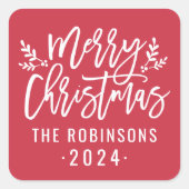 Moderne Script Red Merry-kerst op maat Vierkante Sticker (Voorkant)