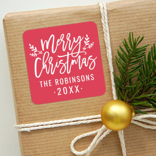 Moderne Script Rode Prettig Kerstmis Familienaam Vierkante Sticker