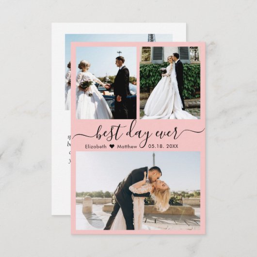 Moderne Script Roze 3 Foto Collage Wedding Bedankkaart (Voorkant / Achterkant)