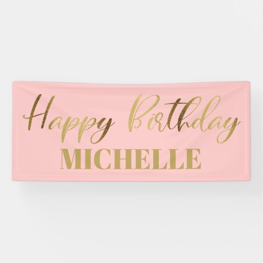 Moderne script roze Gold Happy Birthday Spandoek (Horizontaal)