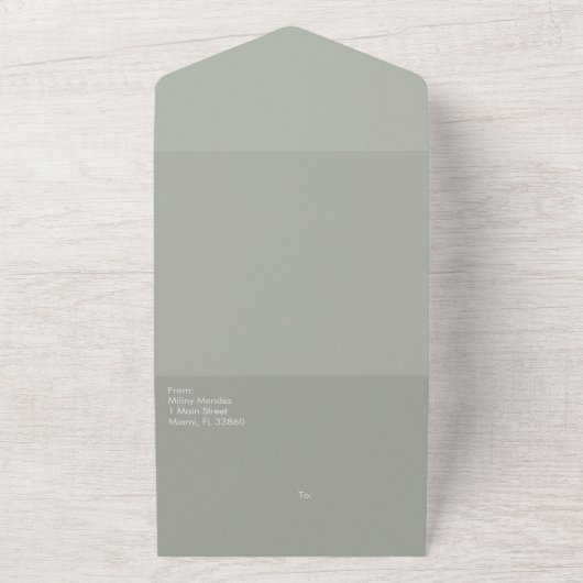 Moderne Script Sage Blush Pink Wedding All In One Uitnodiging (Buitenkant)