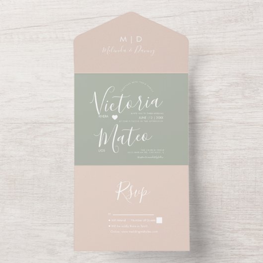 Moderne Script Sage Blush Pink Wedding All In One Uitnodiging (Binnen)