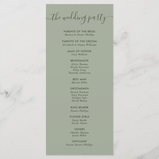 Moderne Script Sage Green We Wedden Programma (Achterkant)