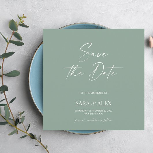 Moderne script sage groene typografie trouwkaart s