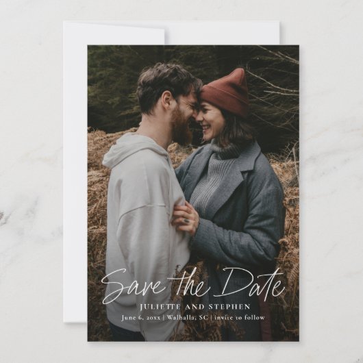 Moderne script Simple Wedding Photo Save The Date (Voorkant)