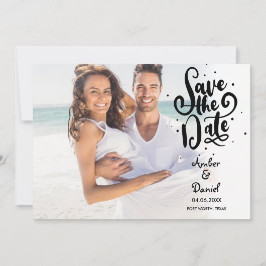 Moderne Script Stippen Foto Save The Date Kaart (Voorkant)