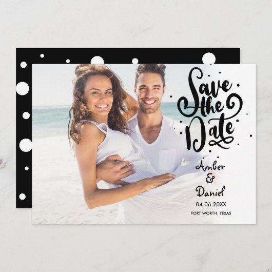 Moderne Script Stippen Foto Save The Date Kaart (Voorkant / Achterkant)