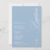 Moderne Script Stofblauwe Jongens Doop Uitnodiging (Voorkant)
