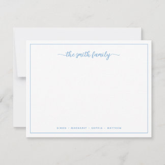 Moderne script stoffige blauwe rand familie schrij notitiekaartje