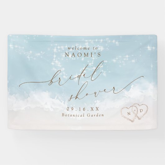 Moderne script strand harten bruids douche welkom spandoek (Horizontaal)