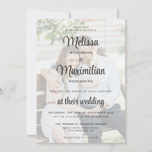 Moderne script transparante foto eenvoudige bruilo kaart (Voorkant)