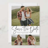 Moderne script trendy drie foto zwart en wit save the date (Voorkant)