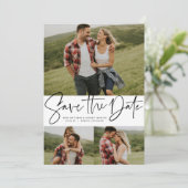 Moderne script trendy drie foto zwart en wit save the date (Staand voorkant)