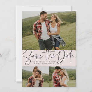 Moderne script trendy drie foto's blush roze save the date