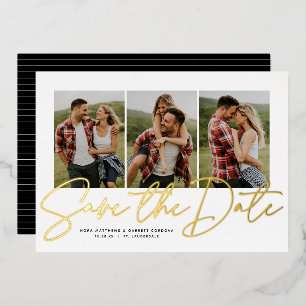 Moderne script trendy drie foto's save the date folie uitnodiging