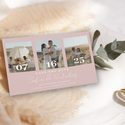 Moderne Script Trouwcollage Roze Save The Date