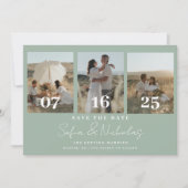Moderne Script Trouwcollage Saliegroen Save The Date (Voorkant)