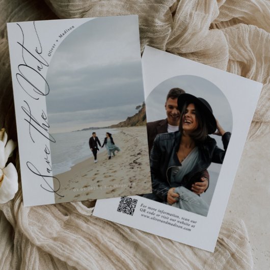 Moderne script typografie | QR-code halfboogfoto Save The Date