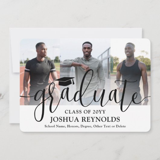 Moderne Script Vier Foto Zwart Wit Afstuderen Aankondiging (Voorkant)