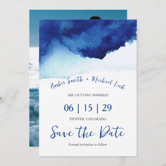 Moderne Script Waterverf Indigo Blauwe Foto Save The Date (Voorkant / Achterkant)