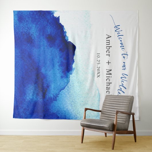 Moderne Script Waterverf Indigo Blauwe Trouw Wandkleed (In Situ (horizontaal))