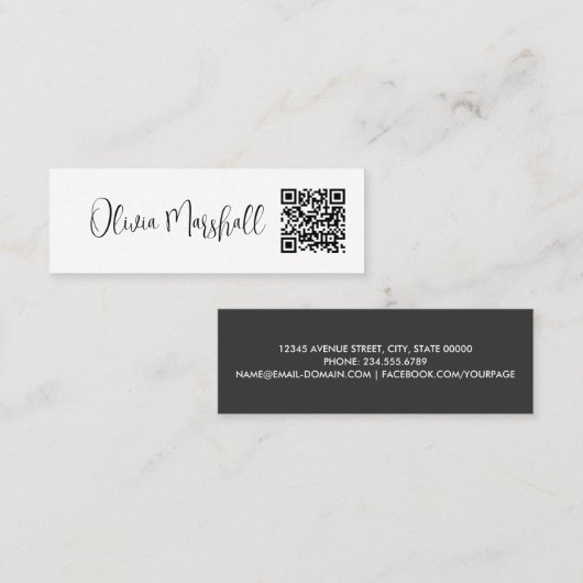 Moderne Script White Black Minimalist QR CODE Mini Visitekaartje (Voorkant / Achterkant)