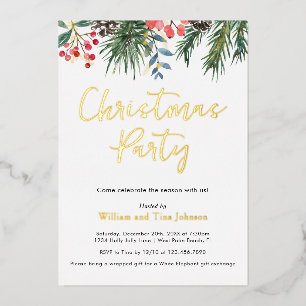 Moderne Script Winter Hulst Bessen Kerstfeest Folie Uitnodiging