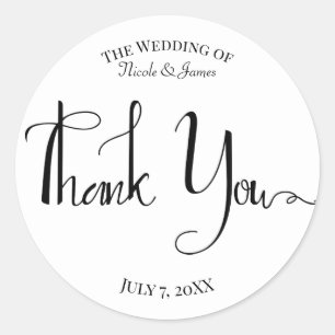 Moderne Script Zwarte Witte Trouwgunst Dank Je Wel Ronde Sticker