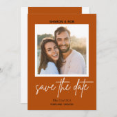 Moderne scriptfoto terracotta save the date (Voorkant / Achterkant)
