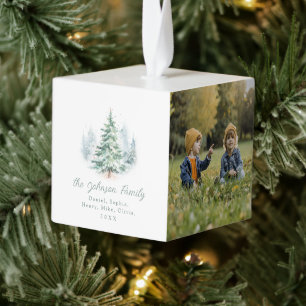 Moderne Scriptie Dennenboom Familie Kerstmis Kubus Ornament
