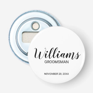Moderne scriptie gepersonaliseerde bruidsjonker button flesopener