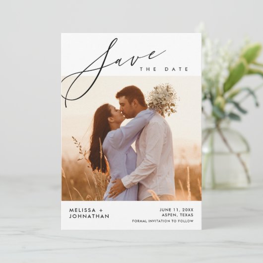 Moderne scriptie huwelijksceremonie, dinerfeest save the date (Staand voorkant)