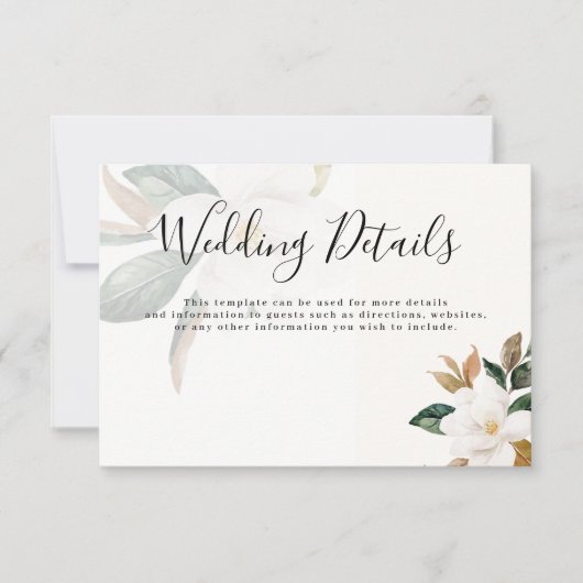 Moderne scriptie magnolia bruiloft details kaart (Voorkant)