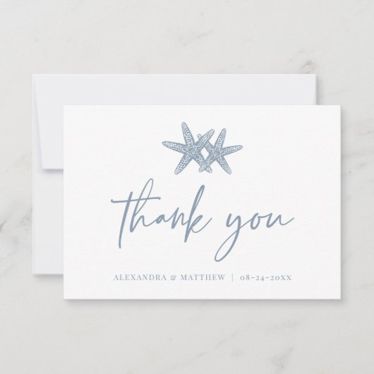 Moderne Scriptie Strand Zeester Stofblauw Bruiloft Bedankkaart (Voorkant)