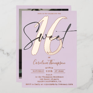 Moderne scriptlavender foto Sweet 16 roos goud Folie Uitnodiging
