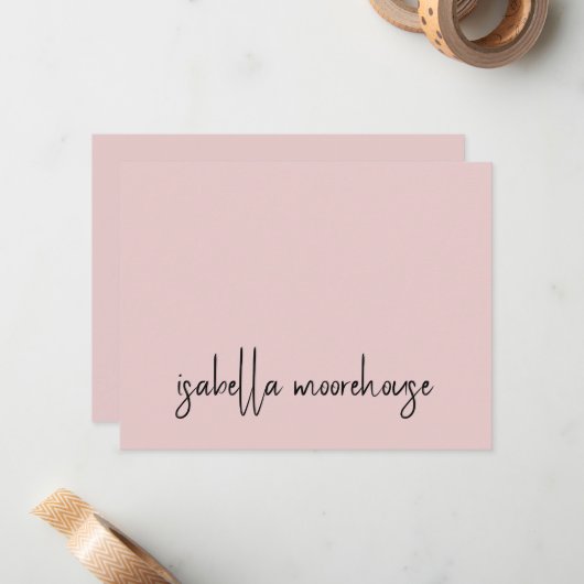Moderne scriptnaam Blush Pink Flat Note Kaart Notitiekaartje (Voorkant / Achterkant in situ)