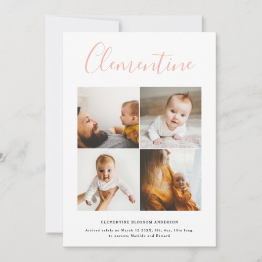 Moderne scriptnaam multi foto polka dot geboorte aankondiging (Voorkant)