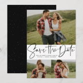 Moderne scripttrendy drie foto zwart-wit save the date (Voorkant / Achterkant)