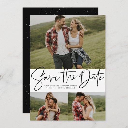 Moderne scripttrendy drie foto zwart-wit save the date (Voorkant / Achterkant)