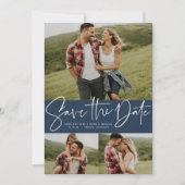 Moderne scripttrendy drie fotojager save the date (Voorkant)