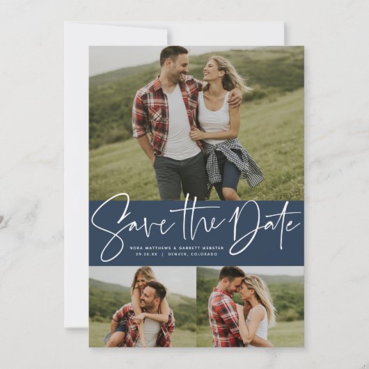 Moderne scripttrendy drie fotojager save the date (Voorkant)